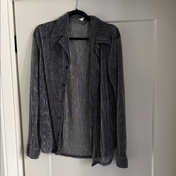Tops - Oversized Silver Sheer Button-Up Shirt
